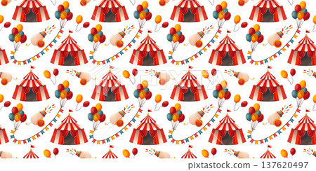 Seamless pattern with circus props. Children's illustration featuring balloons, festive garlands, and a tent, hand drawn in watercolor. Seamless pattern with circus props. Children's illustration featuring balloons, festive garlands, and a tent, hand drawn in watercolor. 137620497