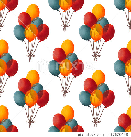 Seamless pattern with circus props. Children's illustration of festive balloons, hand drawn in watercolor. Seamless pattern with circus props. Children's illustration of festive balloons, hand drawn in watercolor. 137620498