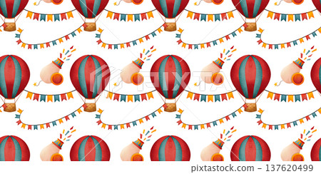 Seamless pattern with circus props. Children's holiday illustration with balloons, garlands, and confetti, hand drawn in watercolor. Seamless pattern with circus props. Children's holiday illustration with balloons, garlands, and confetti, hand drawn in watercolor. 137620499