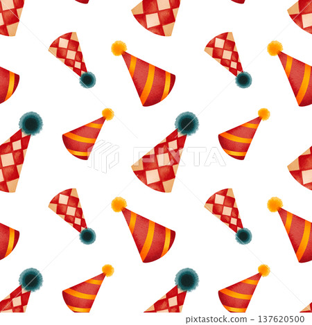 Seamless pattern featuring circus props. Children's illustration featuring colorful clown hats, hand drawn in watercolor. Seamless pattern featuring circus props. Children's illustration featuring colorful clown hats, hand drawn in watercolor. 137620500