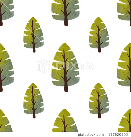 Seamless pattern with green spruce trees. Hand drawn watercolor illustration of evergreens. 137620503