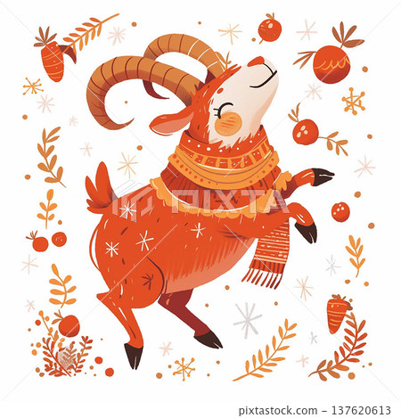 Goat dances among fruits and vegetables in a colorful setting during autumn harvest time 137620613