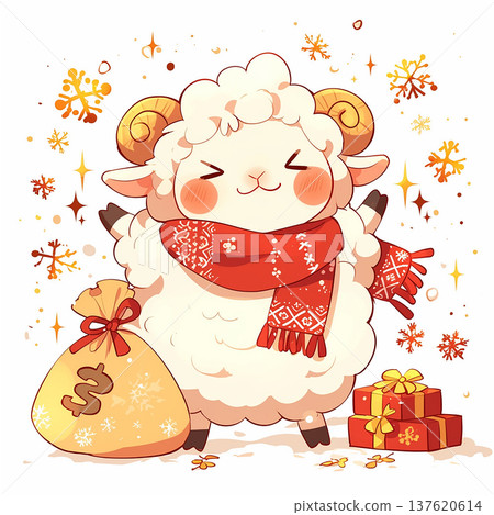 Cute cartoon sheep with gifts and money bag in a festive design during winter season celebration Cute cartoon sheep with gifts and money bag in a festive design during winter season celebration 137620614