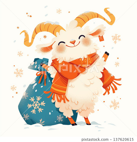 Cartoon goat celebrates winter with a gift bag full of presents and snowflakes around it Cartoon goat celebrates winter with a gift bag full of presents and snowflakes around it 137620615