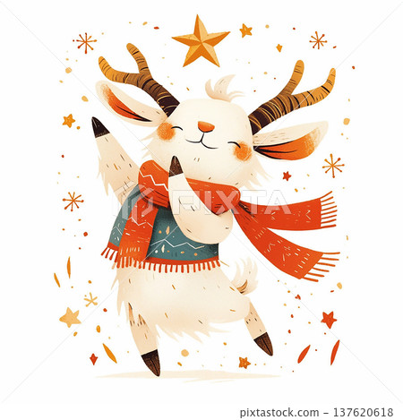 Excited goat wearing a scarf celebrating the winter season with stars and snowflakes in a joyful atmosphere Excited goat wearing a scarf celebrating the winter season with stars and snowflakes in a joyful atmosphere 137620618