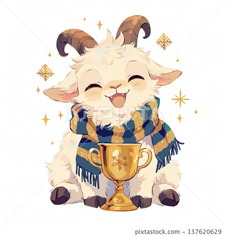 Happy goat with a trophy celebrating success in a colorful scarf during winter holidays with sparkles around 137620629