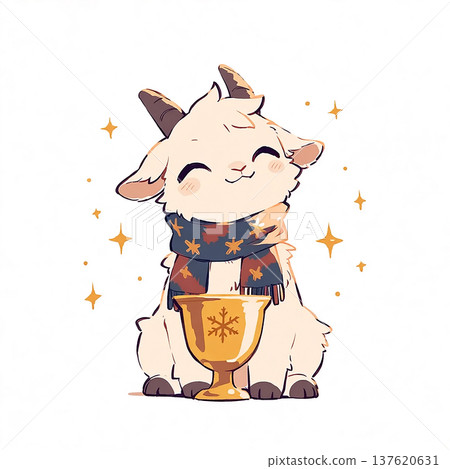 Cute cartoon goat with a trophy and a scarf sits happily among sparkling stars during a celebration in a colorful setting 137620631