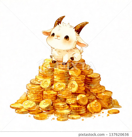 Cute goat sits on a stack of gold coins with a joyful look in a cartoon style illustration during daylight Cute goat sits on a stack of gold coins with a joyful look in a cartoon style illustration during daylight 137620636