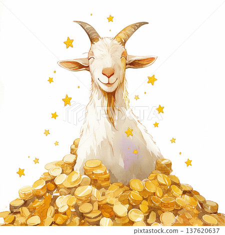 Goat smiles while sitting on a pile of gold coins with shining stars around it in a colorful scene 137620637