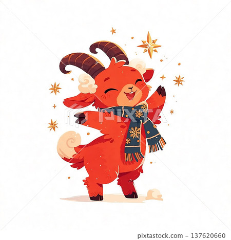 Cute goat wearing a scarf celebrates during winter with stars and snowflakes around it in a cheerful scene Cute goat wearing a scarf celebrates during winter with stars and snowflakes around it in a cheerful scene 137620660