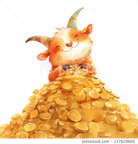 Happy goat with treasure of coins on a pile during a bright day in a colorful animated scene 137620668