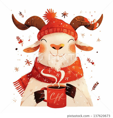 Cute goat wearing a red hat and scarf holding a mug with steam in winter season in a snowy background 137620673