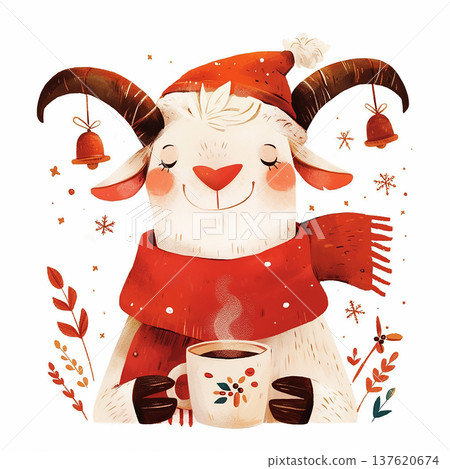 Cute goat wears a red scarf and hat while holding a cup in a snowy setting with holiday decorations Cute goat wears a red scarf and hat while holding a cup in a snowy setting with holiday decorations 137620674