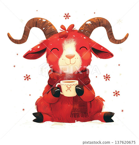 Cute red goat holding a warm drink while sitting in the snow during winter celebrations 137620675