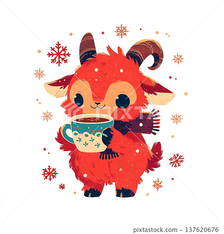 Cute goat character holding a cup and surrounded by snowflakes in a fun illustration during winter time Cute goat character holding a cup and surrounded by snowflakes in a fun illustration during winter time 137620676