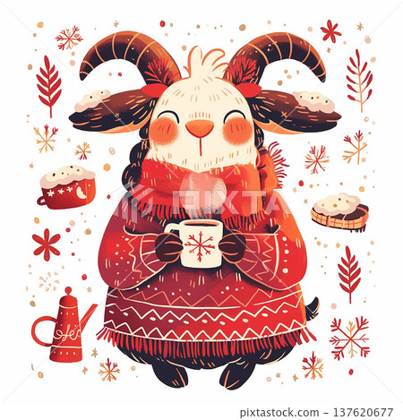 Cute goat character enjoys warm drink in cozy setting with cookies and festive decorations for winter Cute goat character enjoys warm drink in cozy setting with cookies and festive decorations for winter 137620677