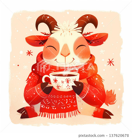 Goat holding a warm drink while wearing a red sweater in a snowy setting during winter time 137620678