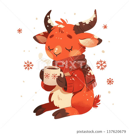 Cute goat drinking hot chocolate while wearing a scarf in a winter setting with falling snowflakes 137620679