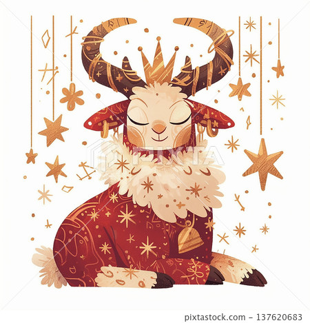 Creative cartoon goat wearing a crown and red robe sits among golden stars in a festive setting during winter 137620683