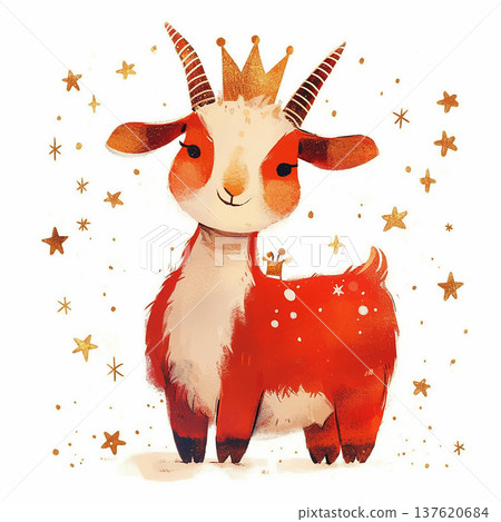 Cute goat wearing a crown stands among stars and sparkles in a colorful art piece 137620684