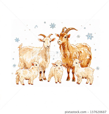Group of goats standing in the snow during winter season with small kids around in a rural setting Group of goats standing in the snow during winter season with small kids around in a rural setting 137620687