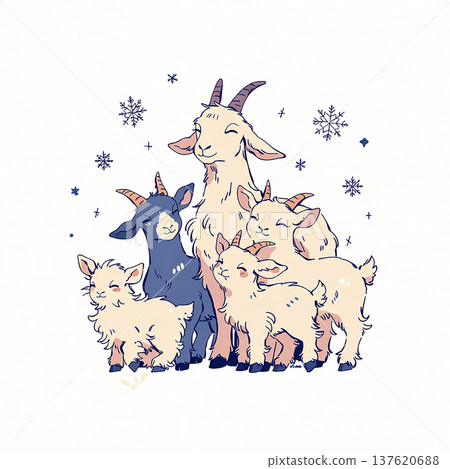 Group of goats standing together in winter snow with snowflakes falling in a calm setting 137620688