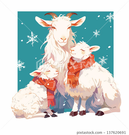 Goats and sheep wearing scarves in winter background with snowflakes falling in a playful scene Goats and sheep wearing scarves in winter background with snowflakes falling in a playful scene 137620691