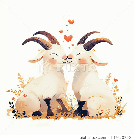 Two goats kiss under hearts in a grassy field during the day Two goats kiss under hearts in a grassy field during the day 137620700