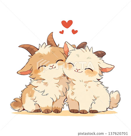 Cute baby goats cuddle together and show affection with hearts above them in a playful scene Cute baby goats cuddle together and show affection with hearts above them in a playful scene 137620701