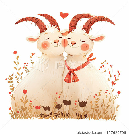 Cute goats share a moment of love in a field surrounded by flowers and hearts on a bright day Cute goats share a moment of love in a field surrounded by flowers and hearts on a bright day 137620706