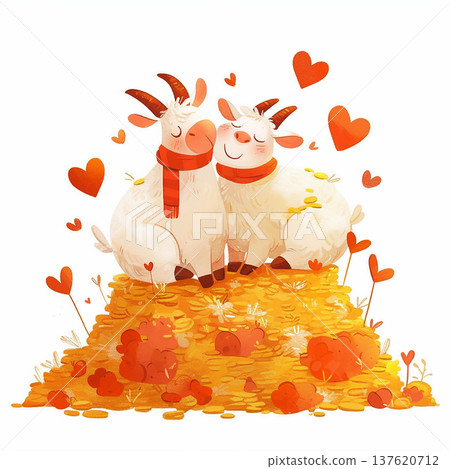 Goats sitting together on a pile of coins surrounded by hearts in a colorful scene 137620712