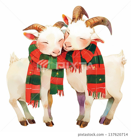 Two cute goats wearing green and red scarves share a warm moment during winter celebrations in a festive setting Two cute goats wearing green and red scarves share a warm moment during winter celebrations in a festive setting 137620714
