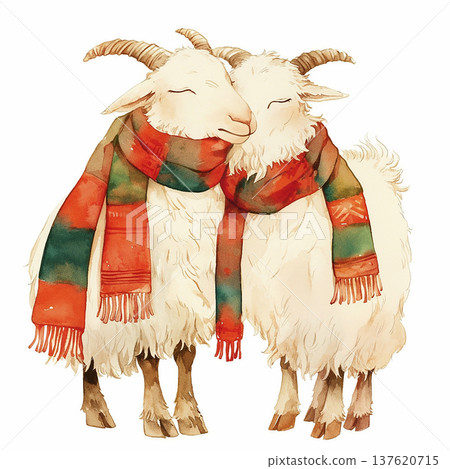 Two goats stand close together wearing colorful scarves in a warm setting during winter days Two goats stand close together wearing colorful scarves in a warm setting during winter days 137620715