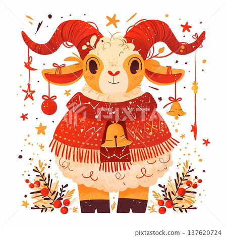 Cute cartoon sheep with horns wearing red scarf and surrounded by decorations for winter celebrations in a simple design 137620724