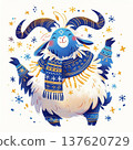 Cute blue goat character dressed in winter clothing celebrates in a festive setting with stars and snowflakes around 137620729