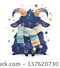Cute blue goat wearing a scarf with stars and snowflakes in a playful winter scene with a joyful expression 137620730