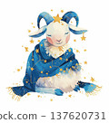 Cute cartoon sheep with blue horns sits wrapped in a starry blanket while stars surround it in a nighttime scene 137620731