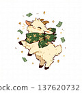 Cute goat wearing a green scarf happily jumping with money bills around it in a cheerful setting 137620732