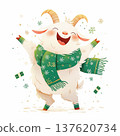 Cheerful goat wearing a green scarf enjoys winter with snowflakes and a joyful expression 137620734