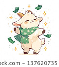 Cute goat dances with money in a festive scarf during a fun celebration in a cartoon style 137620735