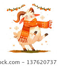 Cute goat wearing a bright orange scarf dances happily among snowflakes and decorations during winter season 137620737