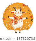 Cheerful goat wearing a scarf and enjoying a festive winter scene with orange decorations and snowflakes in a vibrant background 137620738