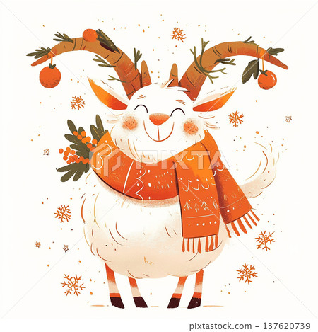 Goat with orange scarf and antlers holding plants during winter season celebration 137620739