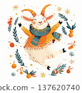 Happy goat celebrating winter season with festive decorations and snowflakes around it 137620740