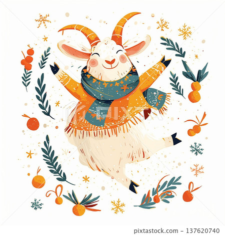 Happy goat celebrating winter season with festive decorations and snowflakes around it Happy goat celebrating winter season with festive decorations and snowflakes around it 137620740
