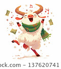 Happy goat dancing with scarf and music notes during winter celebration in a festive setting 137620741