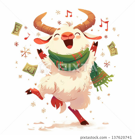 Happy goat dancing with scarf and music notes during winter celebration in a festive setting Happy goat dancing with scarf and music notes during winter celebration in a festive setting 137620741