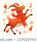 Goat dancing happily with a scarf among snowflakes and oranges in a festive setting 137620743