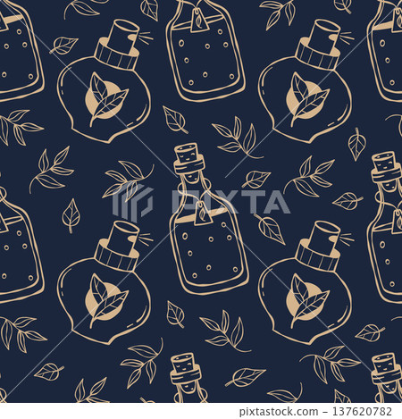 Perfumery and Midnight Apothecary Seamless Pattern. Line Art Organic luxury Cosmetics with Fragrance Perfume Bottles, Essential Oils and Leaves on Dark Blue Background. Outline Vector illustration 137620782