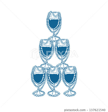 An elegant hand-drawn tower of pearl-studded glasses in a whimsical style. Isolated vector blue outline illustration. Festive alcoholic drinks 137621540